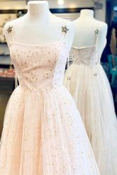 Charming A-Line Spaghetti Straps Tulle Starry Night Long Prom Dresses